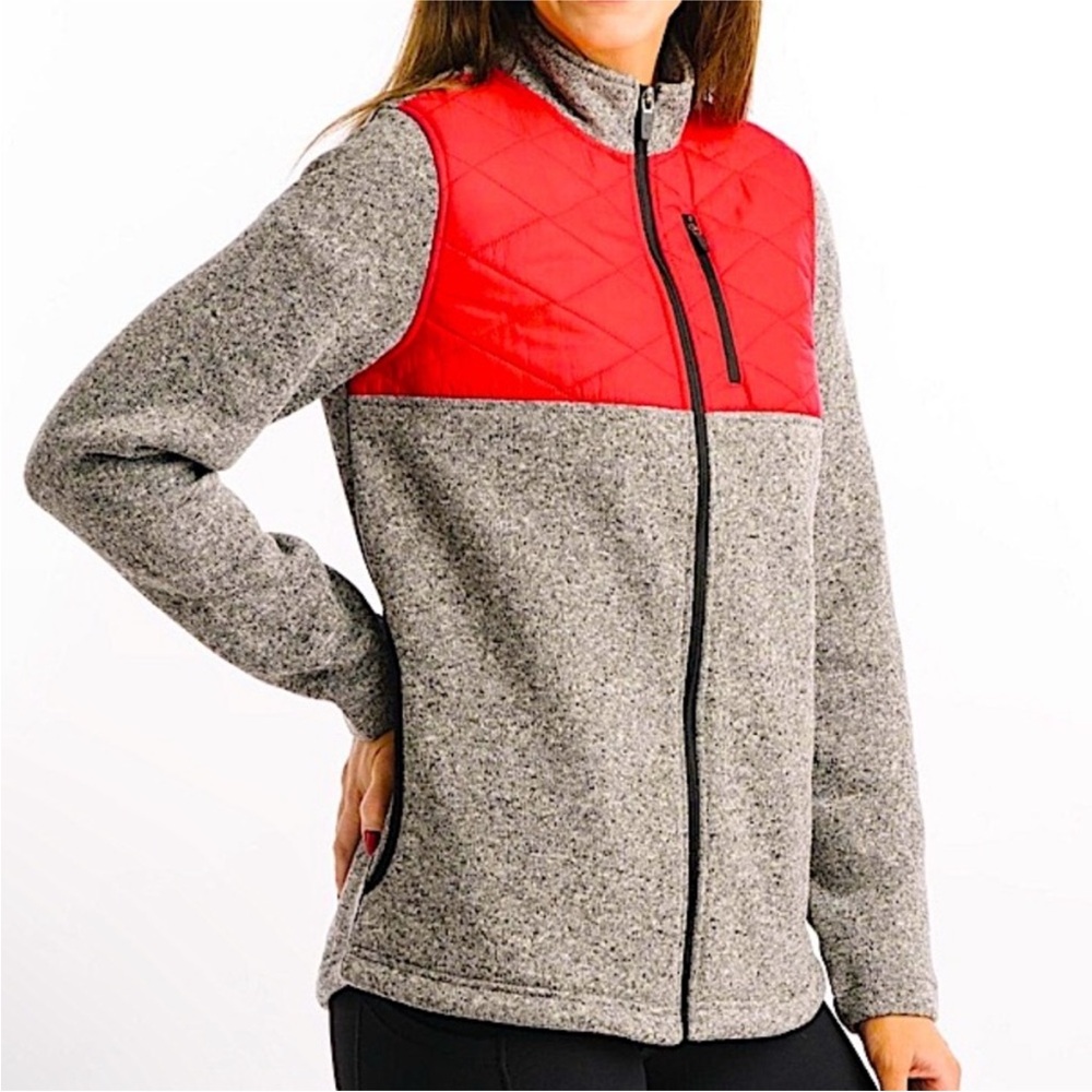 Zyia Active Red Quilted Ash Grey Cabin Jacket Full Zip High Collar Fall Fleece